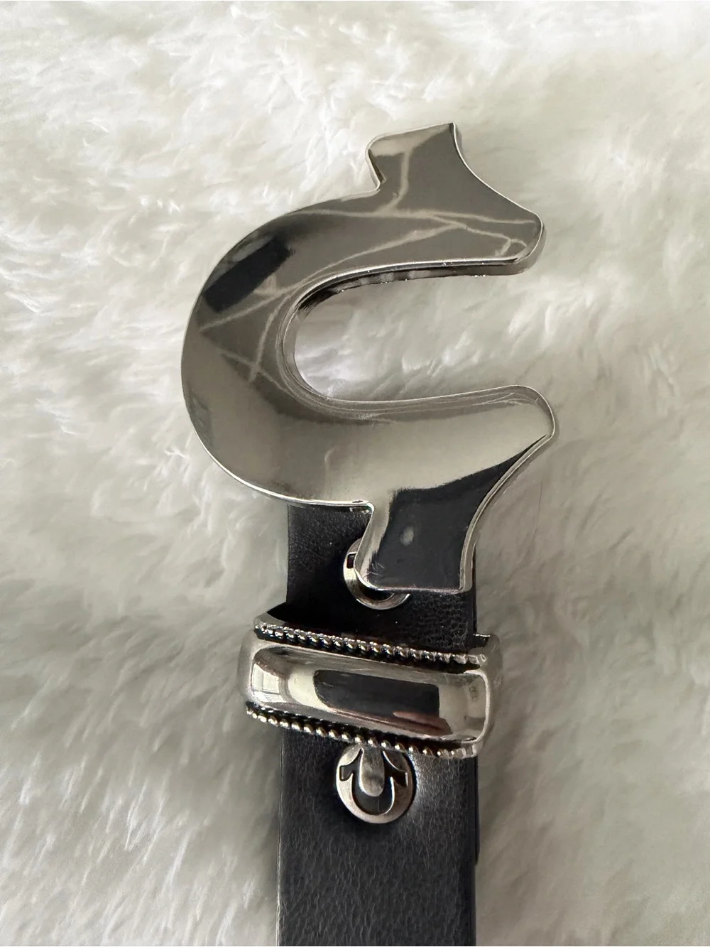 True Religion Black Leather Belt with Silver Dollar-Sign Buckle